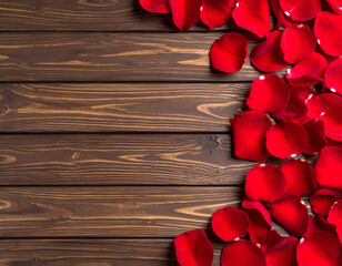 Wooden background with scattered red rose petals, romantic and elegant design for love-themed projects. Generative AI