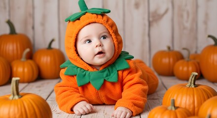 An adorable baby in an orange pumpkin costume poses charmingly on a rustic wooden backdrop with various pumpkins, ideal for Halloween concepts.