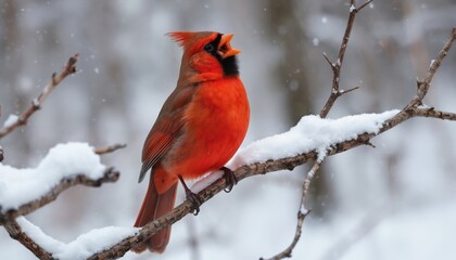 Male cardinal singing on snowy branch. Red bird perched in winter forest. Bright plumage contrasts with white snow. Wildlife photography, birdwatching theme, avian species in natural habitat.