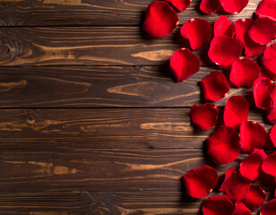 Wooden background with scattered red rose petals, romantic and elegant design for love-themed projects. Generative AI