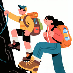 Vector Illustration Travel Couple Climbing Mountain