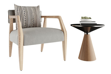 PNG Cutout of Modern Upholstered Wooden Armchair and Contemporary Round Side Table with Books, Isolated on Transparent Background with Shadows