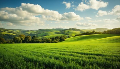 Obraz premium Verdant field of crops extends towards rolling hills under blue sky. Green meadow, vibrant landscape of countryside scenery. Nature, farming, agriculture, eco-friendly, healthy planet, summer