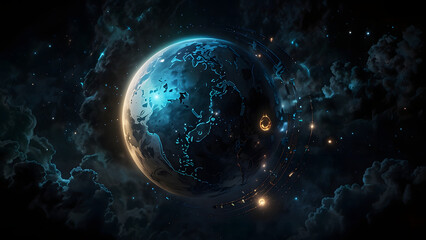 Obraz premium A digital painting of Earth in space, showcasing the landmasses of both North and South America. A bright, light blue energy source or phenomenon emanates from the surface, with glowing lines radiatin