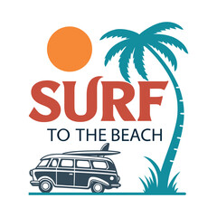 Obraz premium Vintage surf van with surfboard under a palm tree and sun beach
