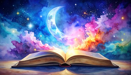 Open book under a vibrant night sky