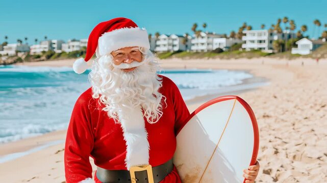 Santa's Summer Surf: A jolly figure with a white beard and rosy cheeks stands on a sandy beach, holding a surfboard with a smile. The bright blue sea and sky create a cheerful and inviting scene.