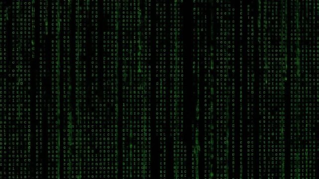 A digital display of green code cascading down a black background, reminiscent of the Matrix movie.