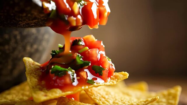Tortilla chip salsa pouring fresh tomato vegetables Mexican cuisine appetizer restaurant food
