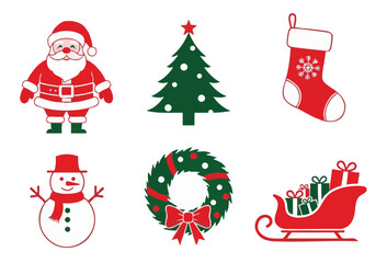 Festive Christmas Icons Collection Santa Claus Tree Stocking Wreath Snowman and Sleigh Holiday Season Celebration
