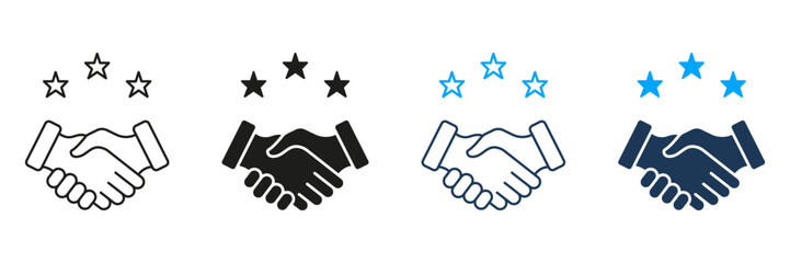 Handshake With Stars Line And Solid Icon Set. Partnership, Trust, And Customer Satisfaction Symbol Collection. Business Agreement And Quality Assurance. Isolated Vector Illustration