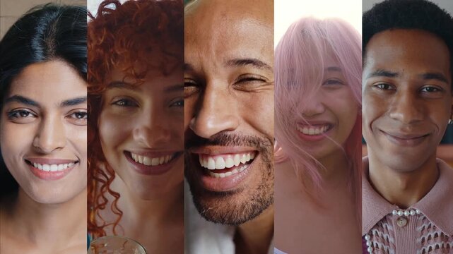 Video composition with different women and men of various ethnicities. Multicultural concept about humanity. Happy people smiling to camera.