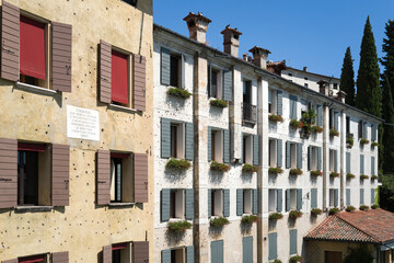 Bassano del Grappa, Vicenza, Veneto, Italy - July 9, 2025 - Views of the city, the castle, and the Alpine Bridge