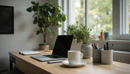 Organized wooden desk setup with laptop, plants, coffee mug. Bright window view provides natural light for productive work. Clean, clutter-free atmosphere promotes focus, inspiration for remote work