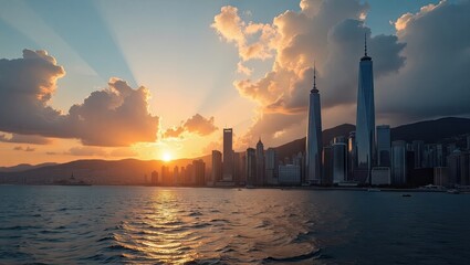 Naklejka premium Sunset over a bustling city skyline.