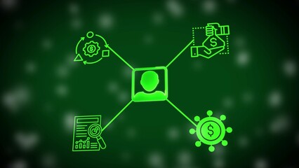 Green Neon Graphic of Person in Square Connected to Financial Icons on Dark Green Background with Bokeh Effect