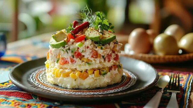 hearty causa lime&ntilde;a layered dish peruvian food video