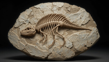 Dinosaur skeleton fossil embedded in stone, revealing ancient life.