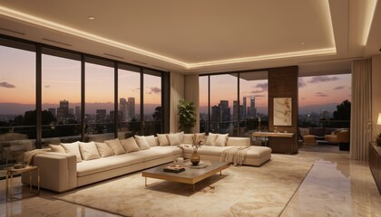 Naklejka premium Luxury apartment living room modern interior design. Beige sofa, marble floors, city skyline sunset view through large windows create roomy, comfortable, elegant atmosphere. Sophisticated, chic,