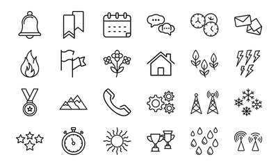 Minimalist Line Icon Set – Bell, Bookmark, Calendar, Chat, Clock, Email, Fire, Flag, Flower, Home, Leaf, Lightning, Medal, Mountain, Phone, Gear, Communication Tower, Snowflake, Star, Stopwatch, Sun