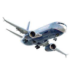 Obraz premium A commercial jet airliner in flight, angled slightly upward, against a black background. Detailed depiction of the plane's fuselage, wings, and engines. Metallic finish. High-resolution image