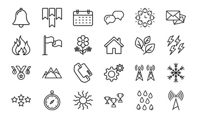 Minimalist Line Icon Set – Bell, Bookmark, Calendar, Chat, Clock, Email, Fire, Flag, Flower, Home, Leaf, Lightning, Medal, Mountain, Phone, Gear, Communication Tower, Snowflake, Star, Stopwatch, Sun