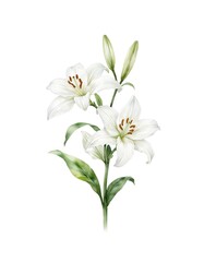 Obraz premium Hand drawn watercolor white lily flower illustration isolated on white background. Beautiful lily flowers with green leaves, petals. Botanical art, floral design, wedding decoration, elegant card.