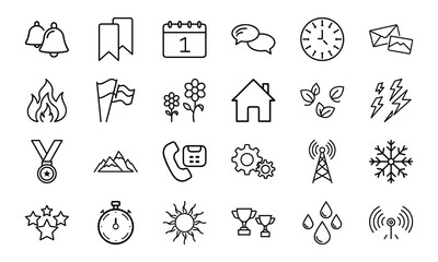 Minimalist Line Icon Set – Bell, Bookmark, Calendar, Chat, Clock, Email, Fire, Flag, Flower, Home, Leaf, Lightning, Medal, Mountain, Phone, Gear, Communication Tower, Snowflake, Star, Stopwatch, Sun