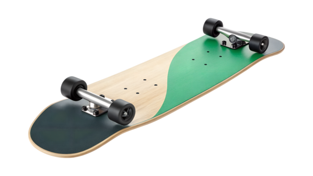 An isolated transparent png shows a modern wooden skateboard with green grip tape and dark wheels, angled and ready to ride.