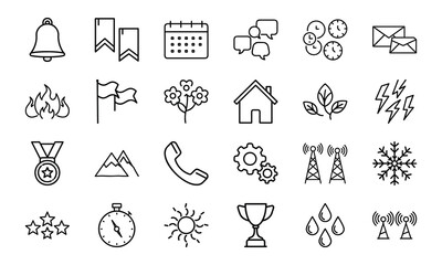 Minimalist Line Icon Set – Bell, Bookmark, Calendar, Chat, Clock, Email, Fire, Flag, Flower, Home, Leaf, Lightning, Medal, Mountain, Phone, Gear, Communication Tower, Snowflake, Star, Stopwatch, Sun