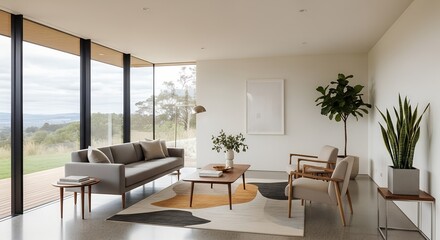 Fototapeta premium Serene Living Room Interior with Neutral Tones and Modern Furnishings, Enhanced by Natural Light and Scenic Views