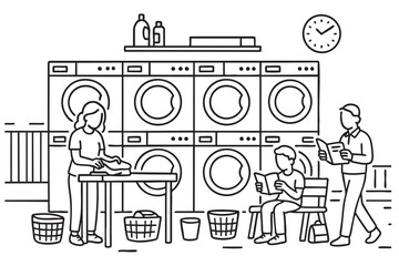 Indoor laundromat scene with people reading and folding clothes surrounded by washing machines. 