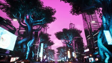 Dynamic Cyberpunk City Drive: Neon Lights, Futuristic Architecture, and Glowing Trees Under a Vibrant Sky - Powered by Adobe
