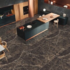 Kitchen Interior design with classic furniture and decor, glossy marble floor. 3D Rendering. 3D Illustrations