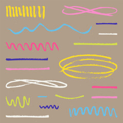 Realistic Brush Drawn Sketch. Set of Design Elements Bright Colorful Squiggles and Lines Isolated on Craft Paper.