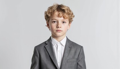 Portrait of young boy in suit on white background. Child wears gray formal suit and white shirt. Blond curly hair. Serious face. Business school. Confident future leader.