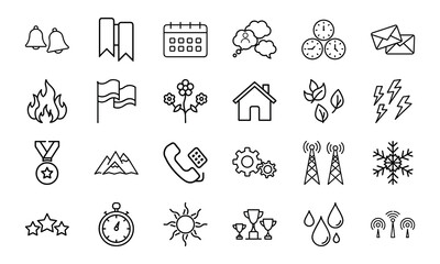 Minimalist Line Icon Set &ndash; Bell, Bookmark, Calendar, Chat, Clock, Email, Fire, Flag, Flower, Home, Leaf, Lightning, Medal, Mountain, Phone, Gear, Communication Tower, Snowflake, Star, Stopwatch, Sun