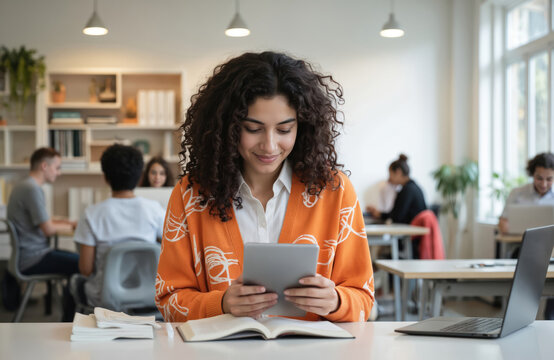 Young biracial woman with curly hair uses tablet in office workspace. Colleagues work in background. Modern workplace ambience with tech professionals. Freelance worker studies, reads, engages in