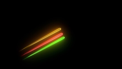 Three Glowing Neon Light Trails in Yellow Red and Green on Black Background Abstract Illustration