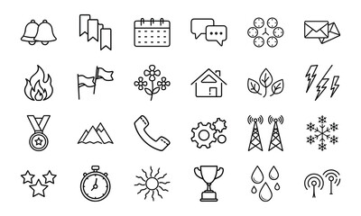 Minimalist Line Icon Set – Bell, Bookmark, Calendar, Chat, Clock, Email, Fire, Flag, Flower, Home, Leaf, Lightning, Medal, Mountain, Phone, Gear, Communication Tower, Snowflake, Star, Stopwatch, Sun