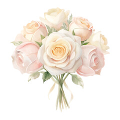 Wedding bouquet with blush roses in watercolor isolated on transparent background