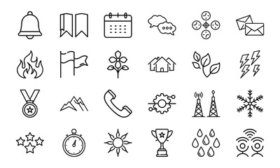Minimalist Line Icon Set – Bell, Bookmark, Calendar, Chat, Clock, Email, Fire, Flag, Flower, Home, Leaf, Lightning, Medal, Mountain, Phone, Gear, Communication Tower, Snowflake, Star, Stopwatch, Sun