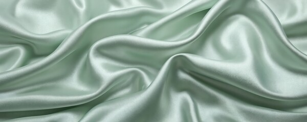 Fototapeta premium Background of pearly pale green fabric with draped folds. Shiny cloth with soft smooth silk or satin texture. Luxurious textile with shimmer, iridescence and seamless detail for fashion design.