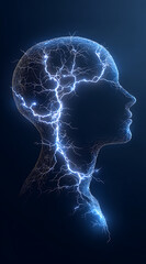 Obraz premium Outline of human head with glowing brain synapses, showing neural connections and mental activity in a 16:9 format. Brain function and neuroscience concepts.