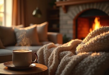 cozy blankets warm hot cocoa tranquil fireplace snug evening ambiance comforting retreat relaxing atmosphere, every, east, warmth, cup, drink, home, chill