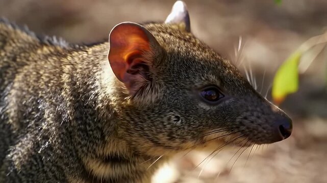 Close-up Profile of a Striped or Spotted Quoll-like Marsupial in its Natural Wildlife Habitat, Detailed Animal Portrait