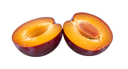 Two halves of a plum, isolated on transparent background, showcasing the fruits vibrant colors and textures, perfect for illustrating healthy eating and fresh ingredients
