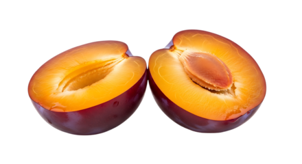Two halves of a plum, isolated on transparent background, showcasing the fruits vibrant colors and textures, perfect for illustrating healthy eating and fresh ingredients