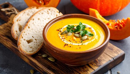 Creamy pumpkin soup topped with roasted seeds and fresh herbs, accompanied by slices of crusty artisan bread. Captured in warm autumn tones for a cozy seasonal feel.