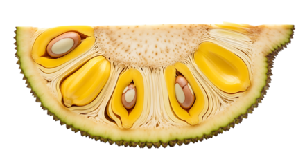 A vibrant crosssection of jackfruit, isolated on transparent background, displaying its yellow pulp, seeds, and unique texture, a perfect representation of tropical sweetness